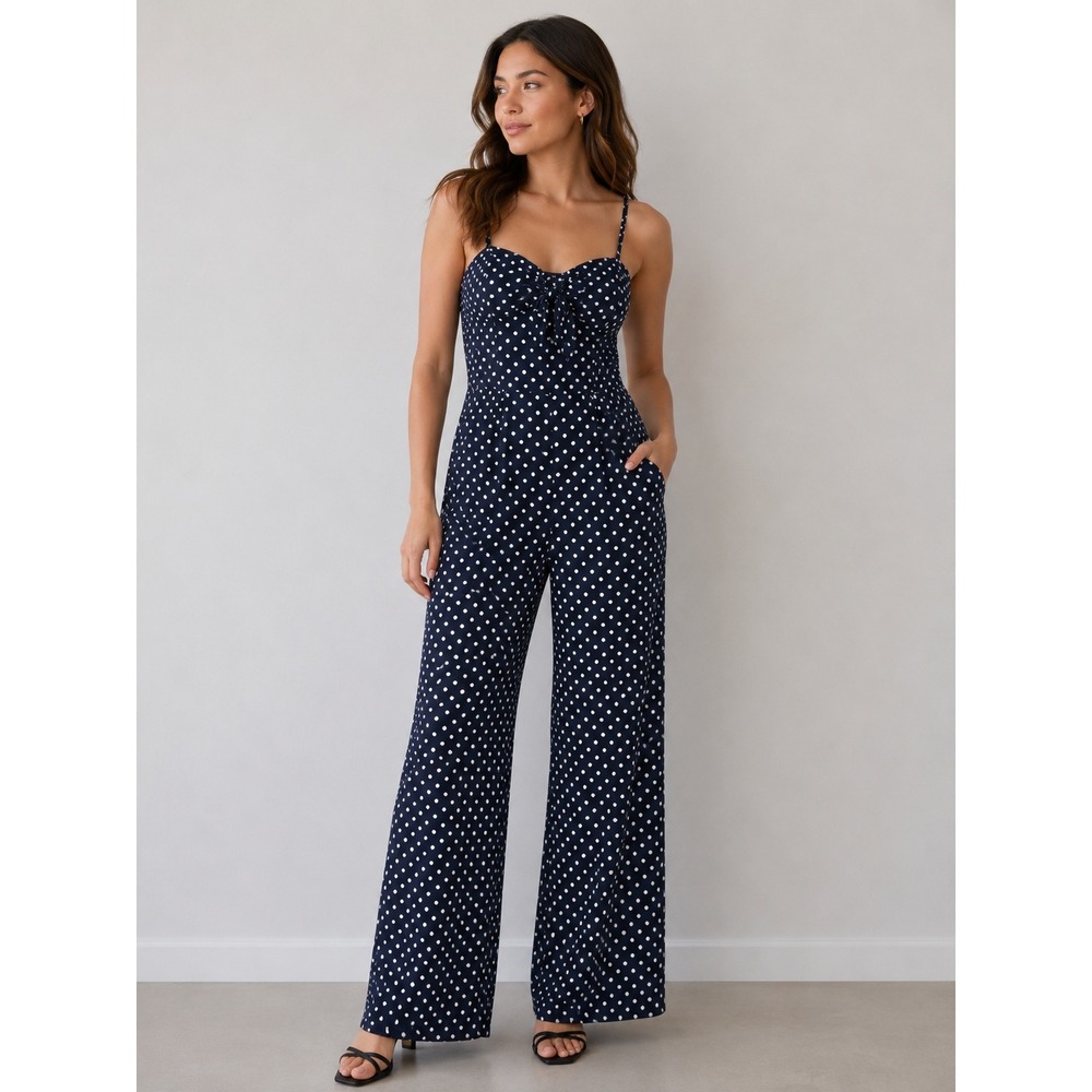 Zara Trafaluc Womens Jumpsuit Medium Navy Polka Dot Cutout Back Retro Pinup Core